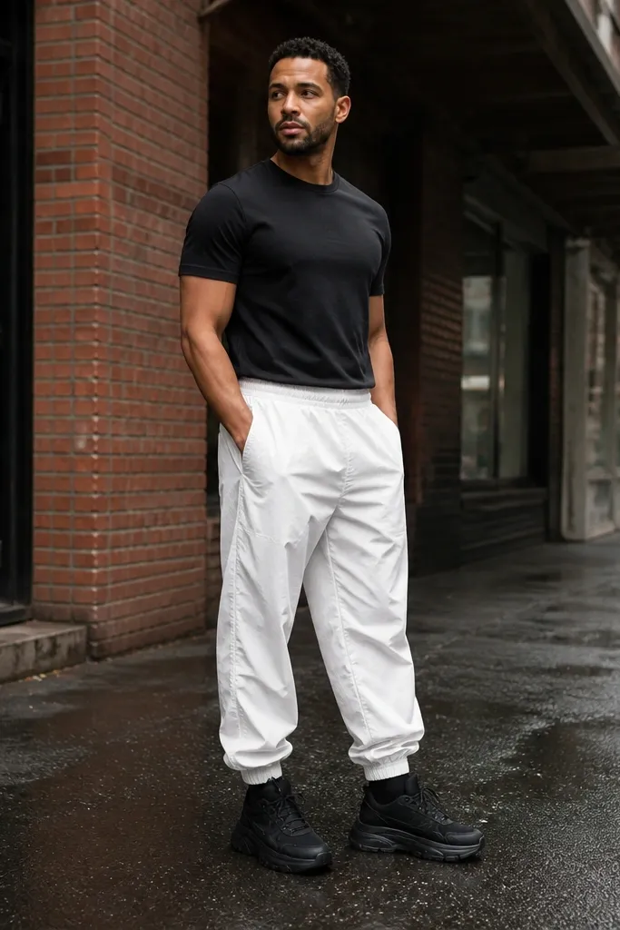 Black cropped tee with white parachute pants and chunky black sneakers