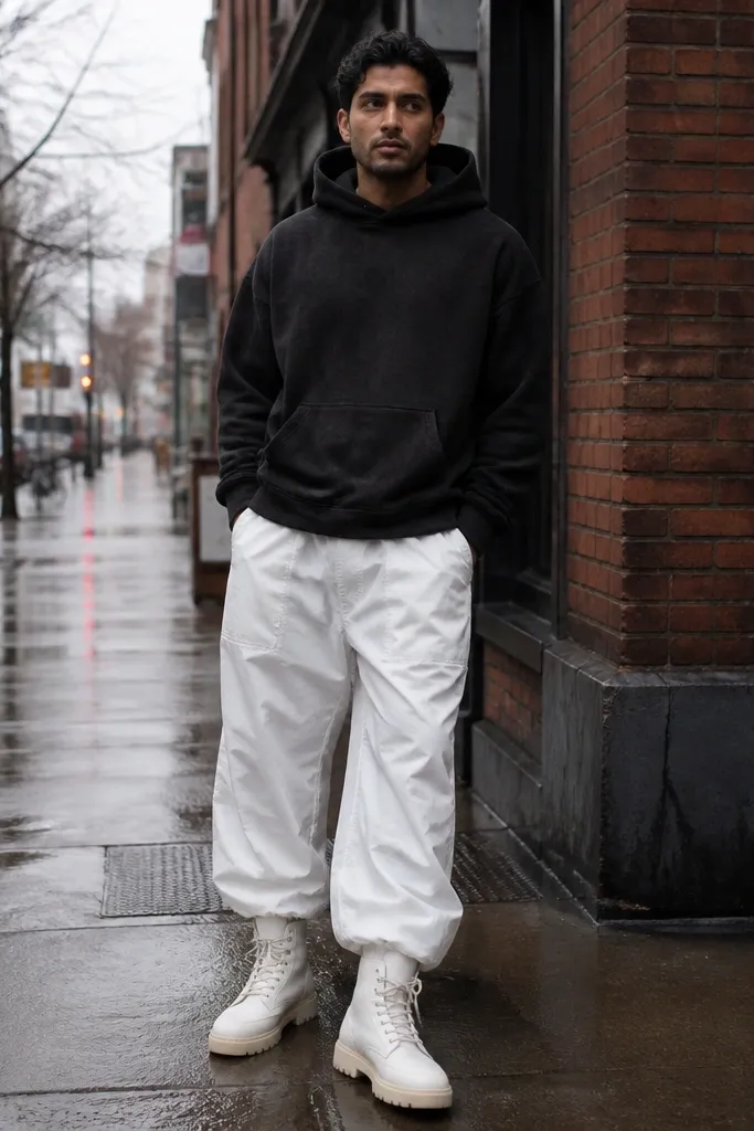 Washed black hoodie with white parachute pants and boots with white trim