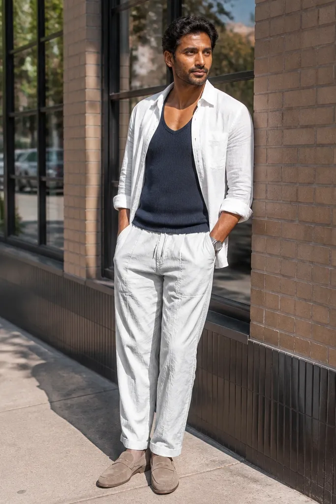 Navy ribbed tank with white parachute pants and sand loafers