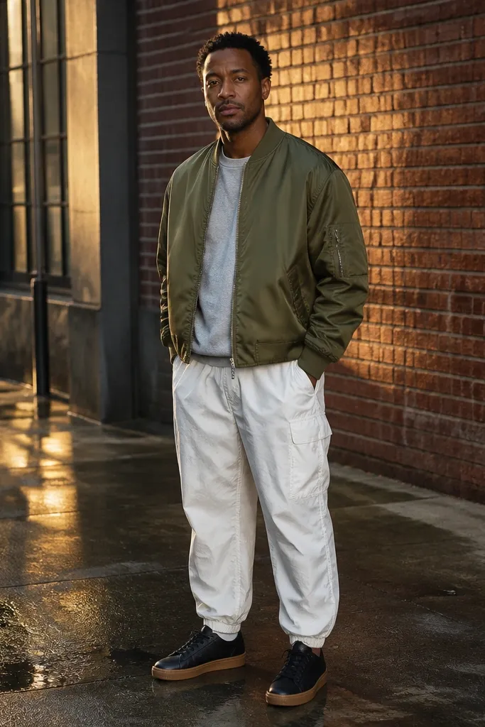 Olive bomber jacket with white parachute pants and black low-top sneakers