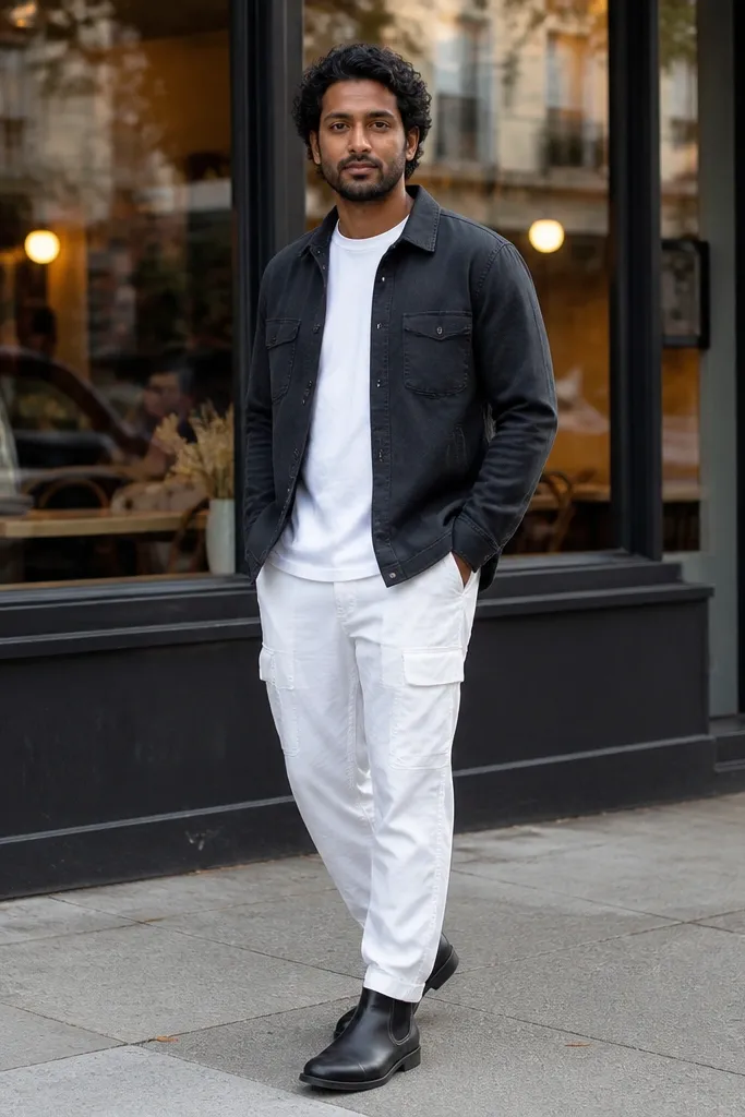 Charcoal overshirt with white parachute pants and black Chelsea boots