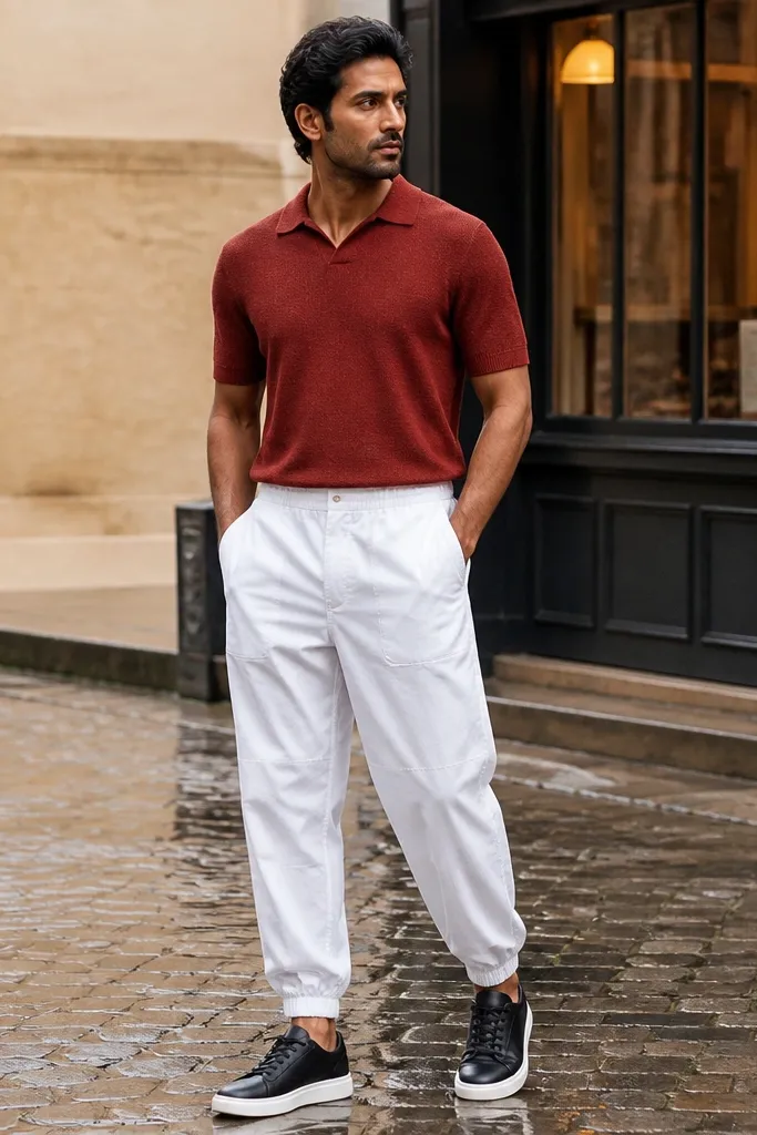 Red knit polo with white parachute pants and black trainers with white soles