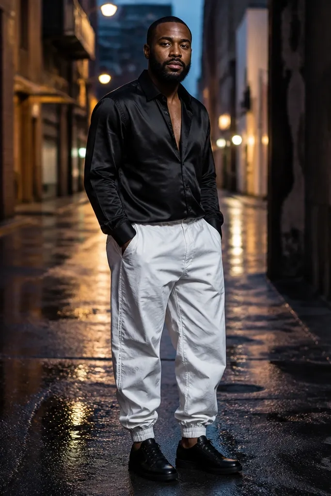 Black open-collar satin shirt with white parachute pants and black sneakers