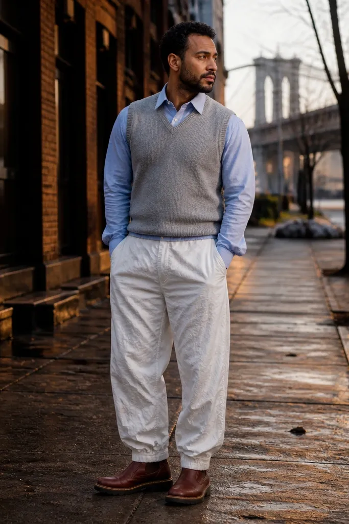 Light gray sweater vest over a shirt with white parachute pants and brown leather boots