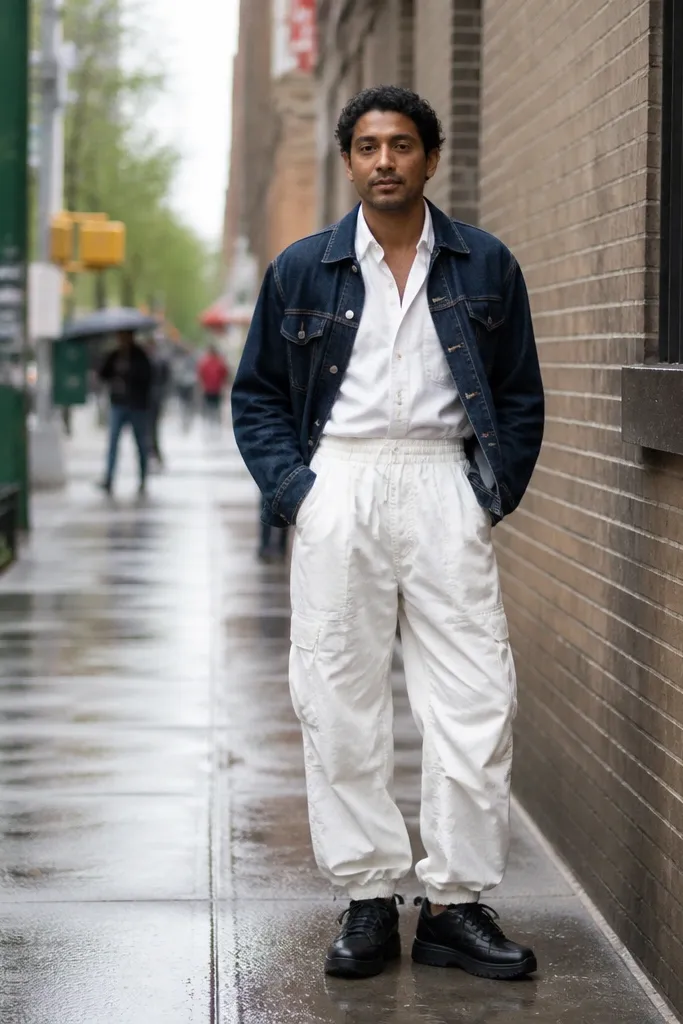 Dark wash denim jacket with white parachute pants and black platform sneakers