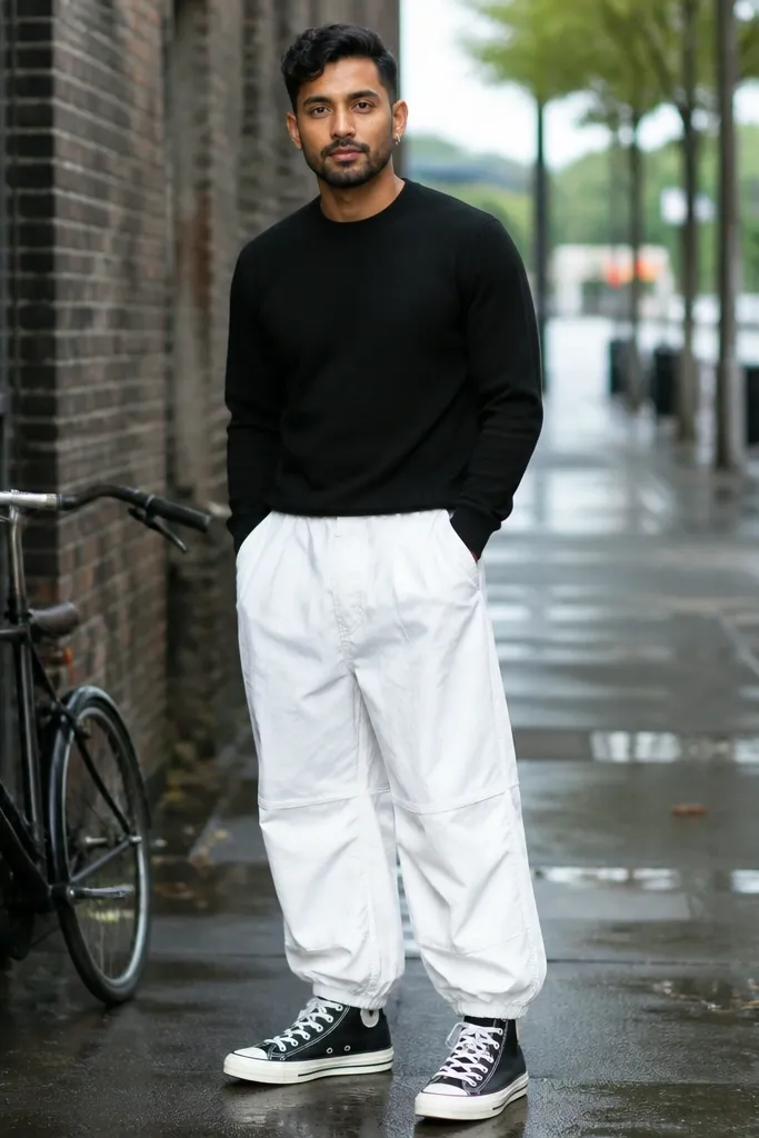 Black crewneck sweater with white parachute pants and high-top sneakers in white and black