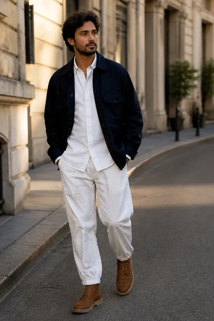Navy overshirt with white parachute pants and cognac desert boots