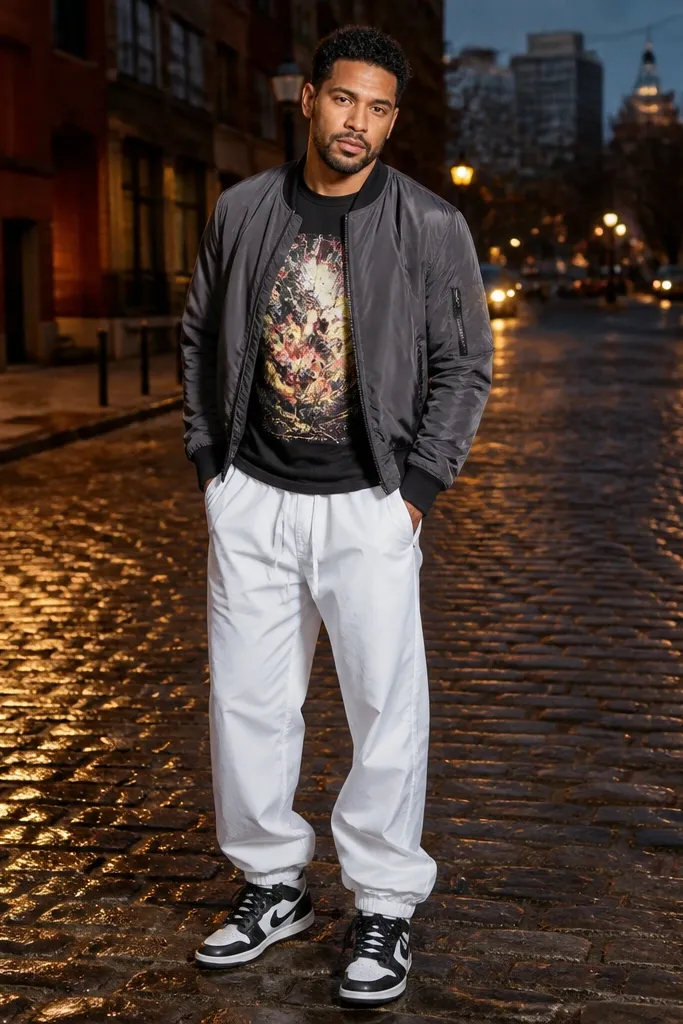 Black graphic tee with white parachute pants and a gray bomber jacket