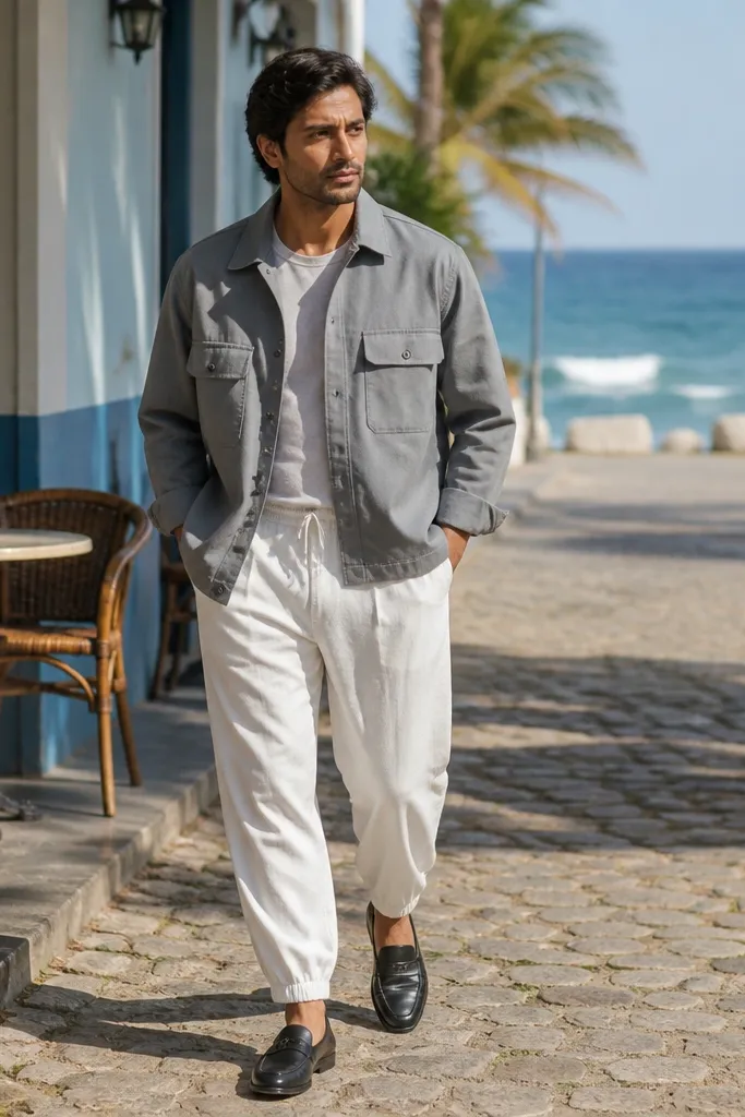 Stone overshirt with white parachute pants and black leather loafers