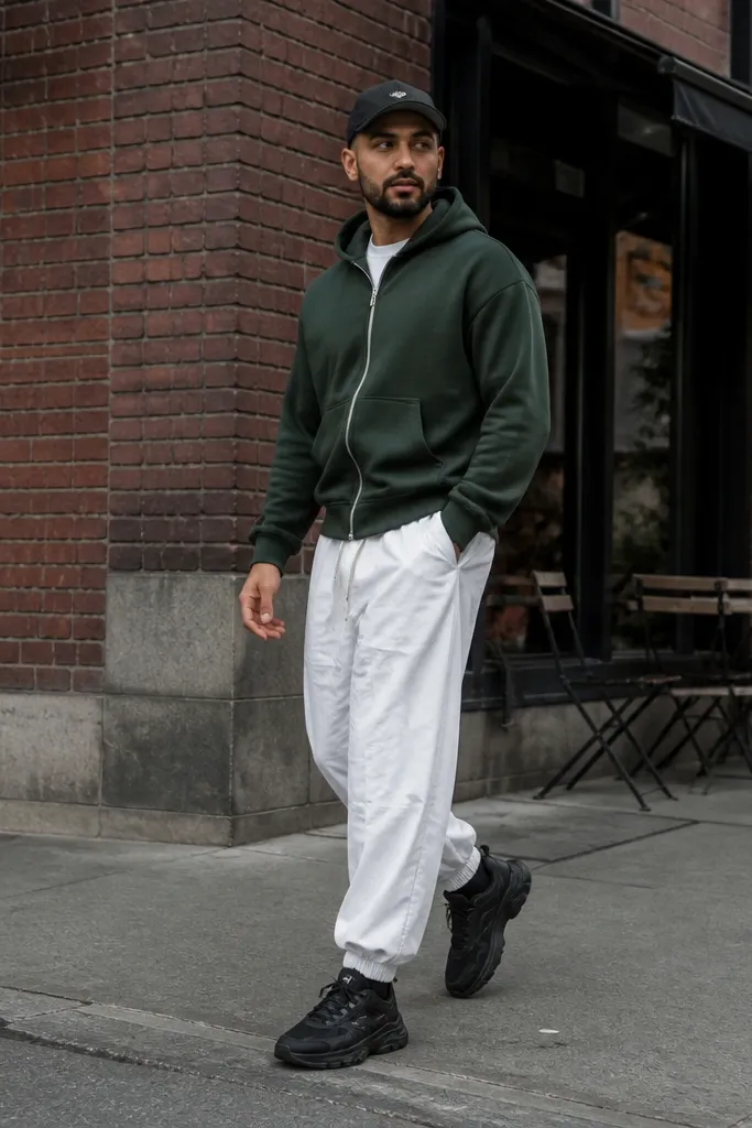 Forest green hoodie with white parachute pants and black dad sneakers