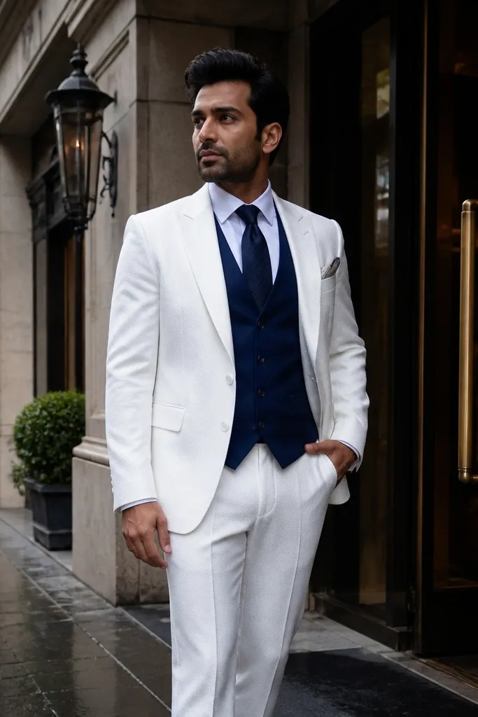 Optic white three-piece suit with navy vest, navy tie, white shirt, brown leather shoes