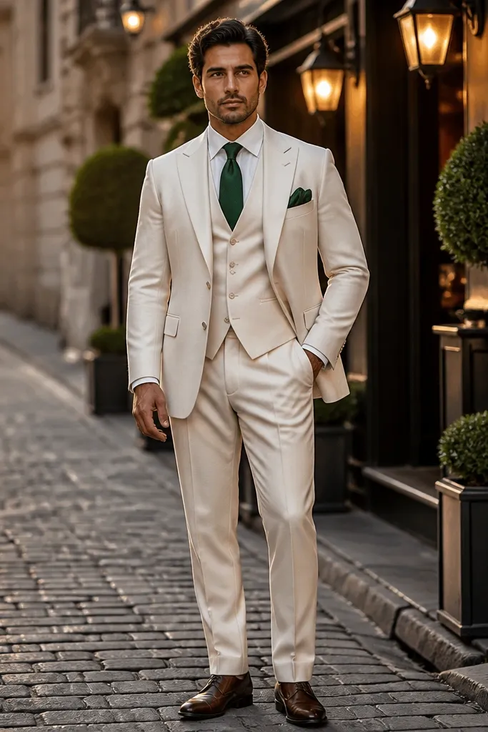Ivory three-piece suit with forest green tie, white shirt, green pocket square, black loafers
