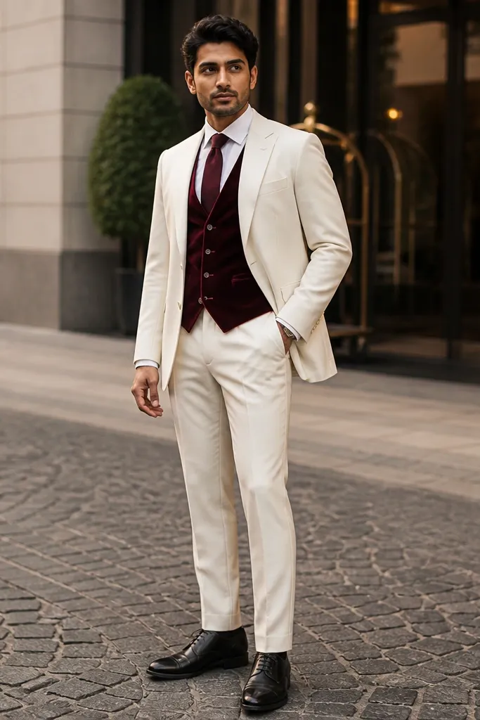 White three-piece suit with burgundy vest and tie, white shirt, oxblood shoes