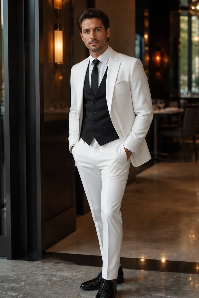 White three-piece suit with black vest and black tie, white shirt, black patent shoes