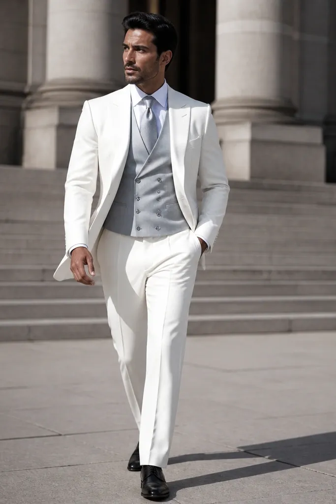 White three-piece suit with light gray vest, silver tie, white shirt, gray socks, dark brown shoes