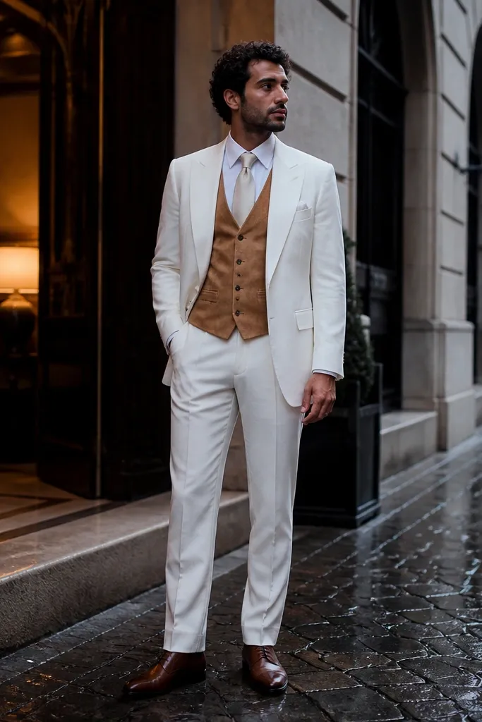 White three-piece suit with tan suede vest, cream tie, white shirt, tan suede loafers