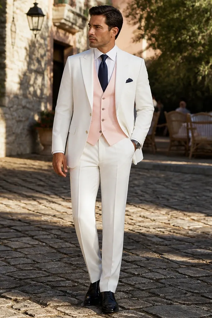 White three-piece suit with soft pink vest, navy tie, white shirt, white pocket square, brown shoes