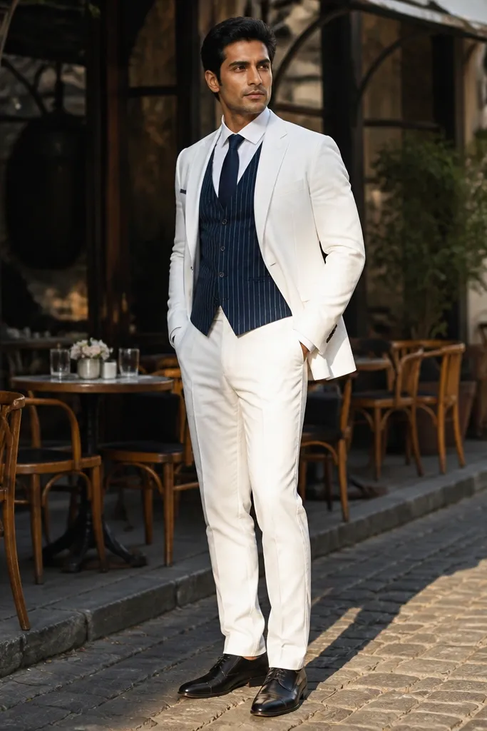 White three-piece suit with navy pinstripe vest, white shirt, solid navy tie, black oxfords