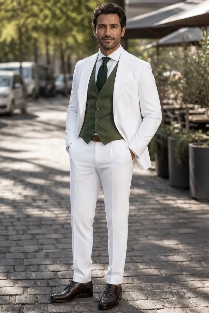 White three-piece suit with olive vest, dark green knit tie, white shirt, brown boots
