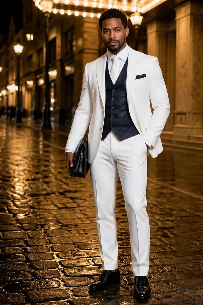 White three-piece suit with navy quilted vest, white tie, white shirt, dark brown shoes