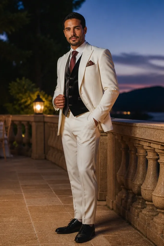 White three-piece suit with black velvet vest, burgundy tie, white shirt, black dress shoes