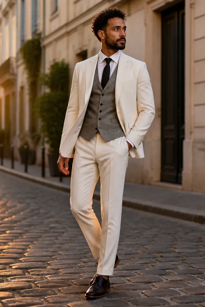 White three-piece suit with gray herringbone vest, black tie, white shirt, black leather shoes