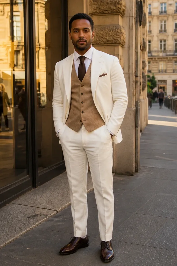 White three-piece suit with tan wool vest, chocolate brown tie, white shirt, dark brown shoes