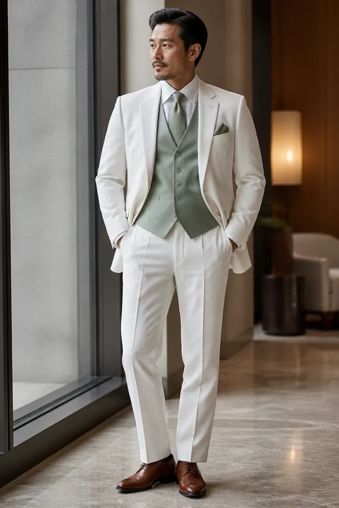 White three-piece suit with sage green vest, white shirt, sage tie, white pocket square, brown loafers