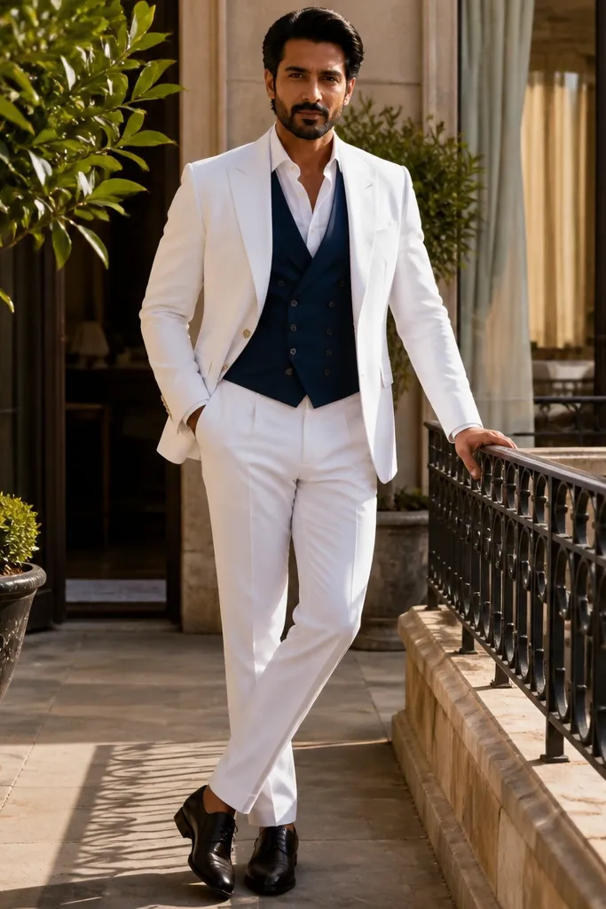 White three-piece suit with navy double-breasted vest, white shirt, navy tie, black shoes