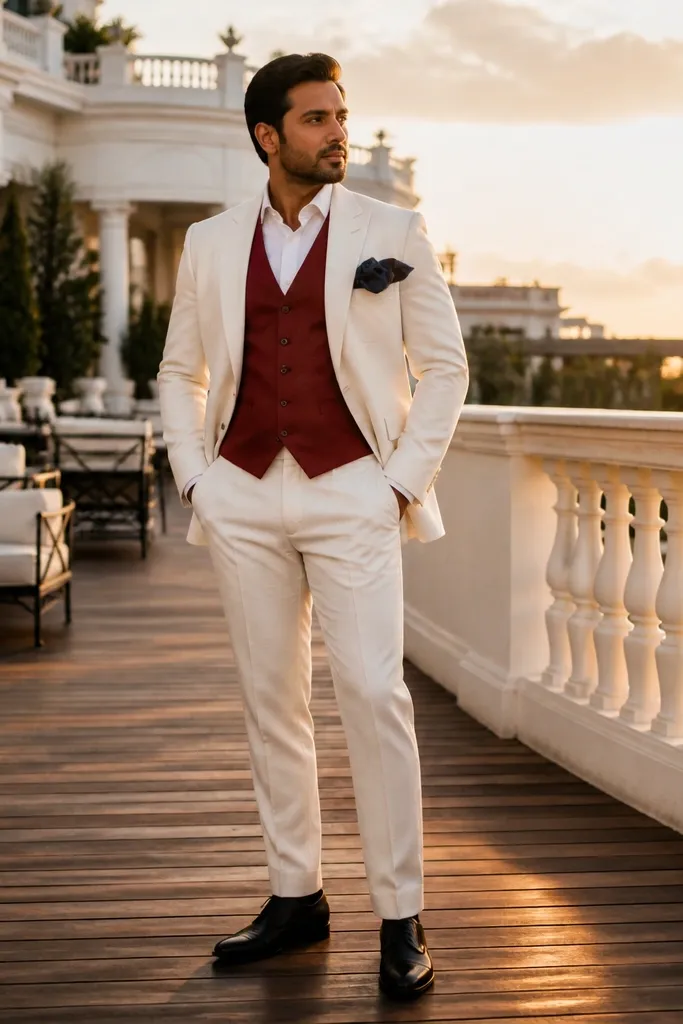 White three-piece suit with red vest, white shirt, navy pocket square, brown leather shoes