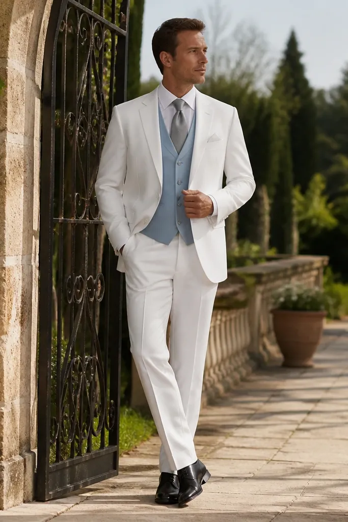 White three-piece suit with powder blue vest, silver gray tie, white shirt, brown shoes