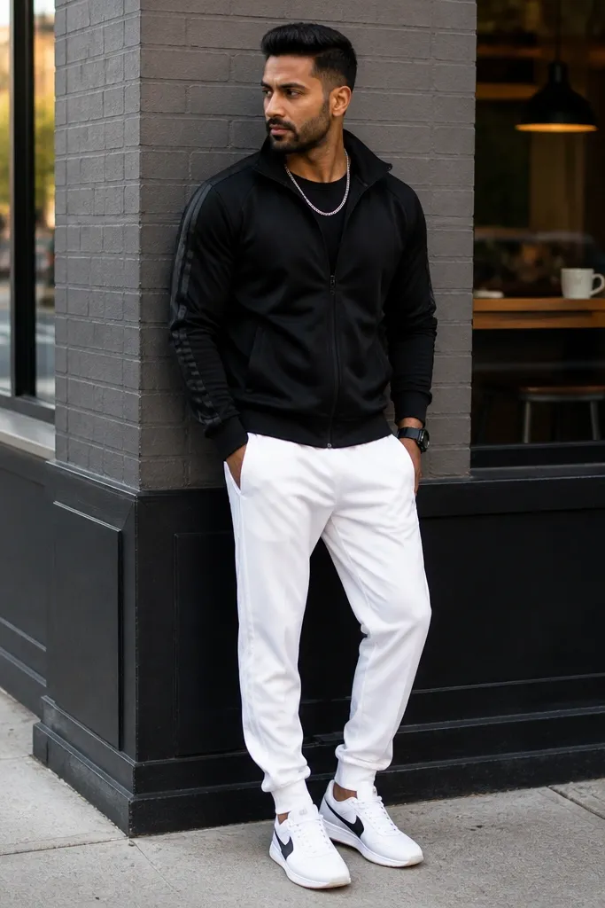 Black track jacket with white track pants and black-and-white sneakers