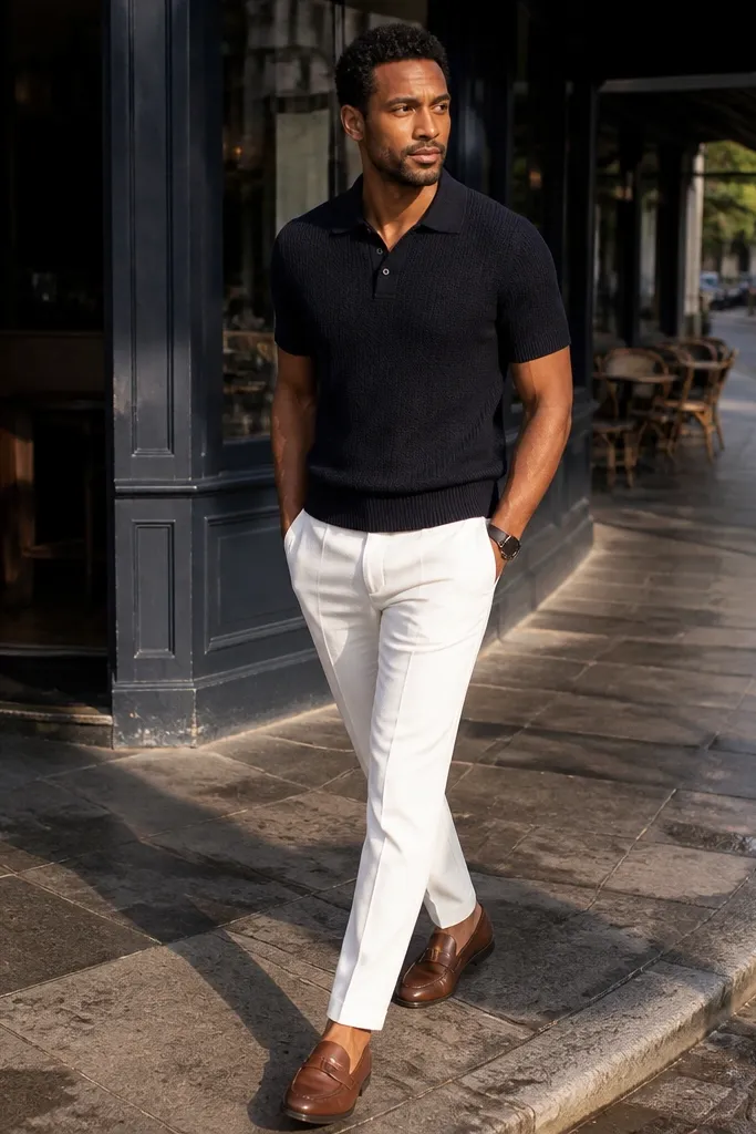 Navy knit polo with white track pants and brown loafers