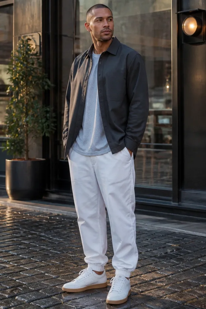 Charcoal overshirt over a tee with white track pants and white sneakers