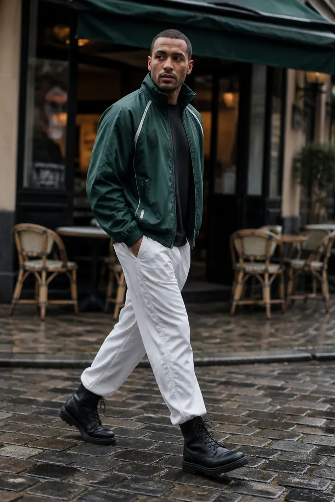 Forest green windbreaker with white track pants and black boots