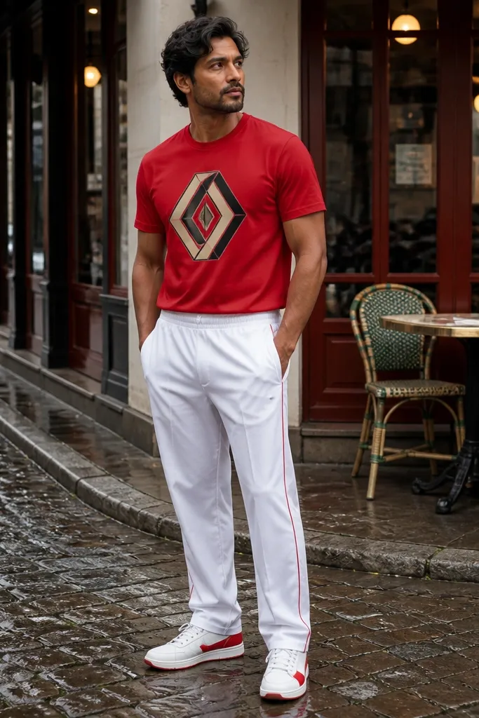 Red graphic t-shirt with white track pants and white sneakers with red accents