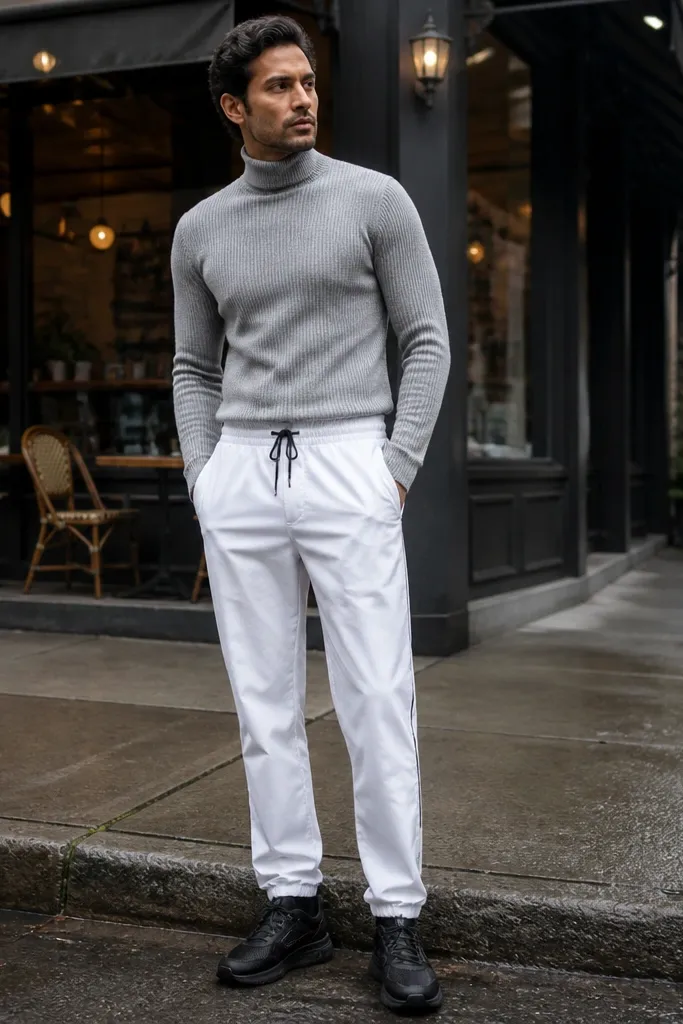 Light gray ribbed turtleneck with white track pants and black sneakers