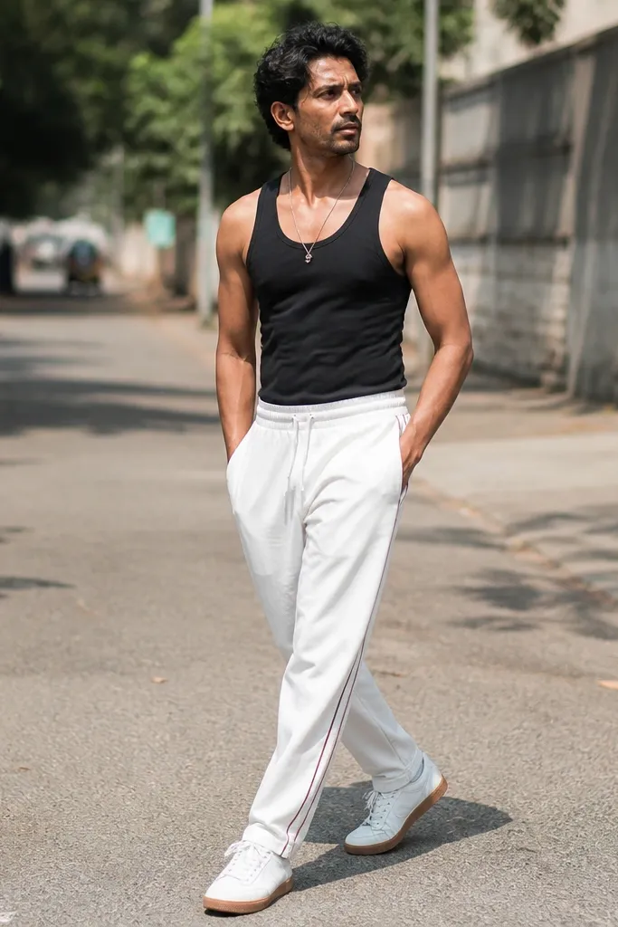 Black tank top with white track pants and silver chain with runner sneakers