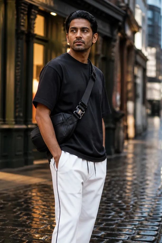 Black oversized t-shirt with white track pants and a sling bag