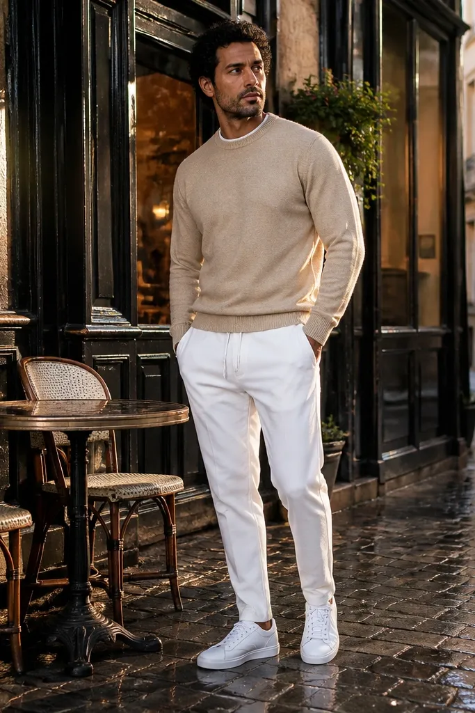 Sand beige crewneck sweater with white track pants and white sneakers