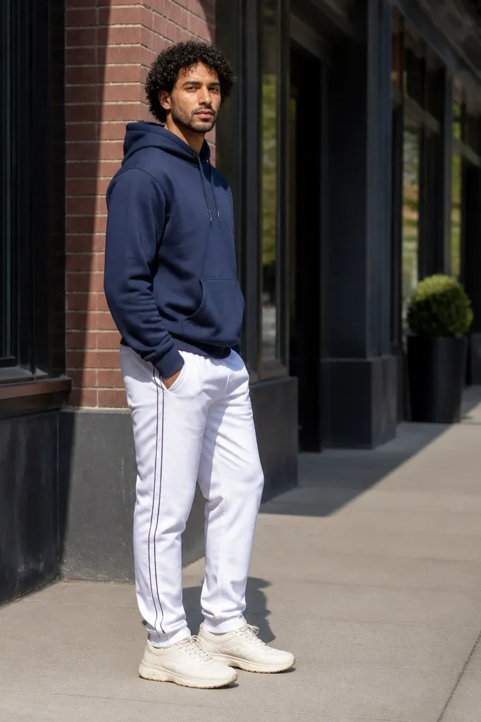 Navy hoodie with white track pants and off-white dad sneakers