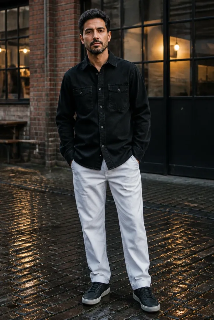 Black denim shirt with white track pants and black/gray sneakers