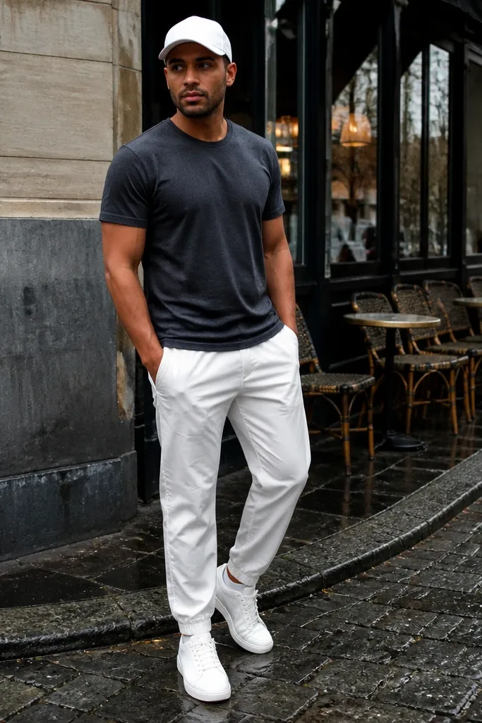 Charcoal t-shirt with white track pants and a white baseball cap