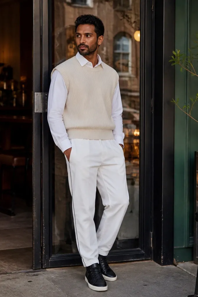 Cream sweater vest over a shirt with white track pants and black high-top sneakers