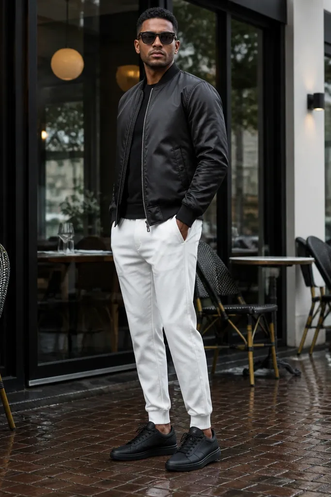 Black bomber jacket with white track pants and slim sunglasses