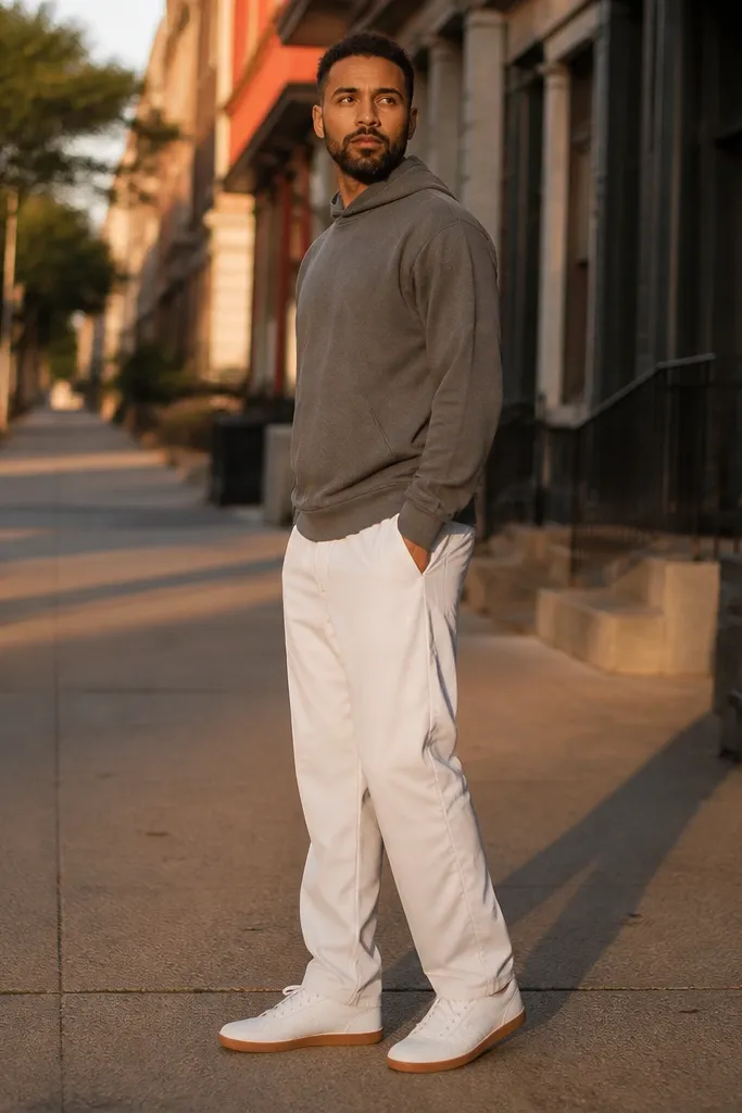 Gray hoodie or sweatshirt with white track pants and minimal sneakers