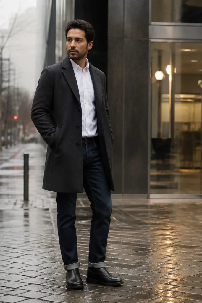 Charcoal overcoat over white Oxford shirt with dark denim and brown boots