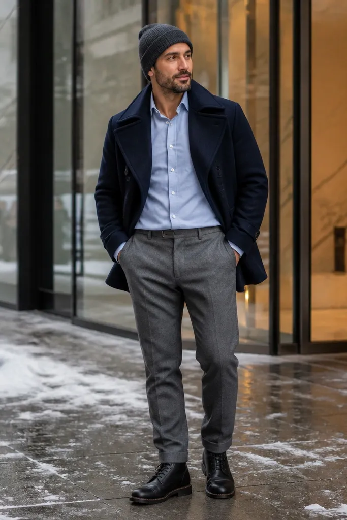 Navy peacoat over light blue shirt with gray wool flannel trousers