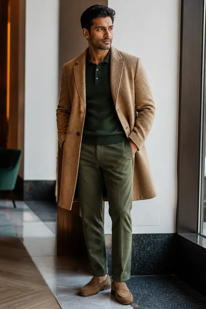 Camel overcoat with knit polo and olive chinos paired with tan shoes