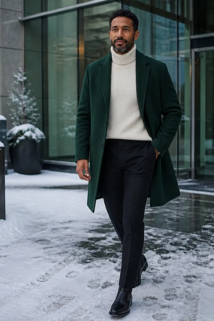 Forest green overcoat over cream turtleneck with black trousers and dark boots